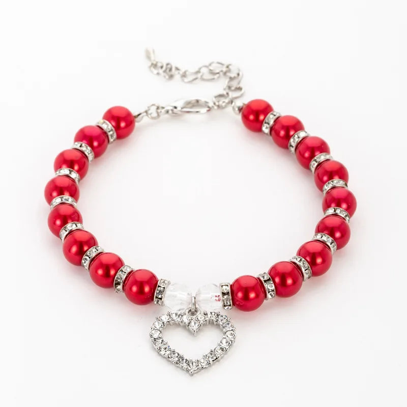 Classy Faux Pearl & Rhinestone Heart Charm Pet Necklace
