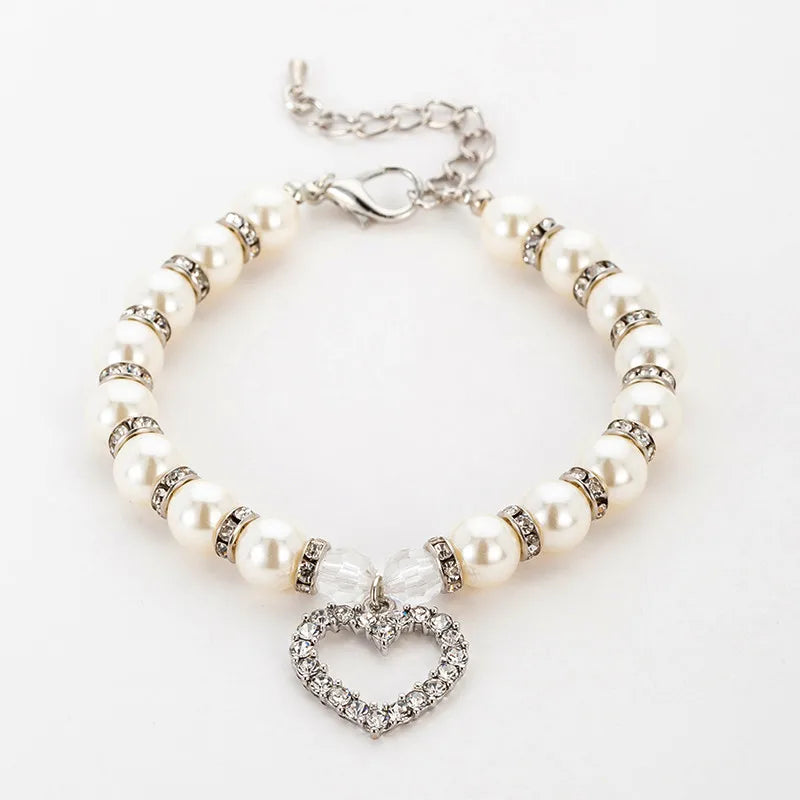 Classy Faux Pearl & Rhinestone Heart Charm Pet Necklace