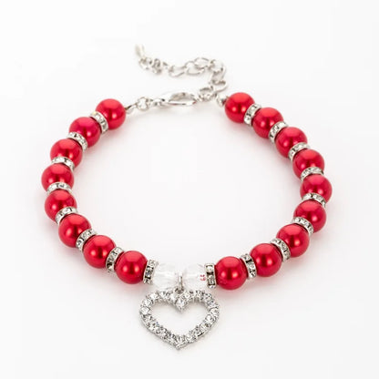 Classy Faux Pearl & Rhinestone Heart Charm Pet Necklace